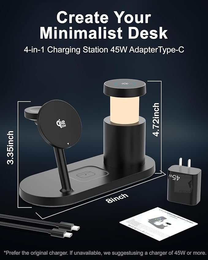 JOYANDRO MagSafe Charger Compatible, 4-in-1 Charging Station, Qi2.2 25W Certified with LED Night Light/Magnetic Wireless Charger for iPhone 17/16/15,Apple Watch,AirPods,Pixel 10(45W Adapter Included)