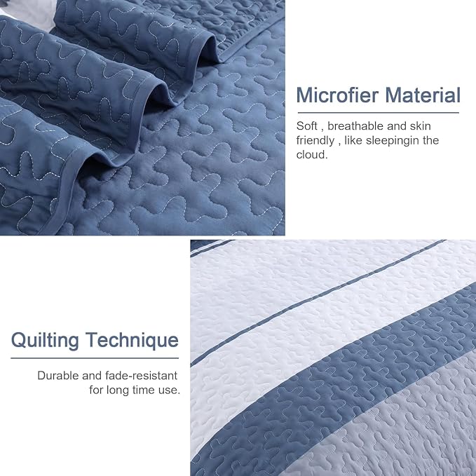 Dinjoy California King Striped Quilt, Mineral Blue Lightweight Bedspread | Soft - Image 6