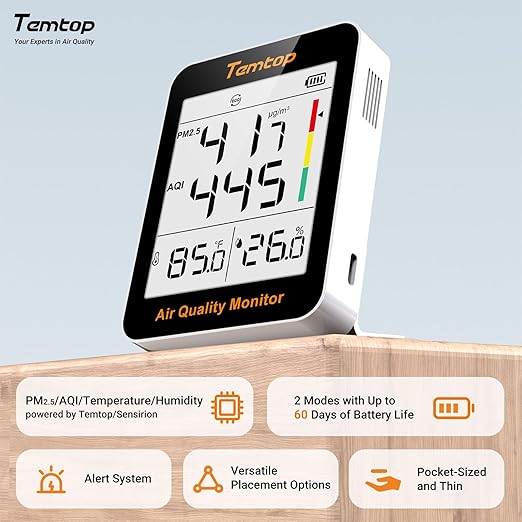 Temtop Air Quality Monitor Indoor Thermo-Hygrometer - PM2.5, AQI, Temperature, and Humidity Meter for Home, Office, or School, Air Quality Measurement, 60-Day Battery Life