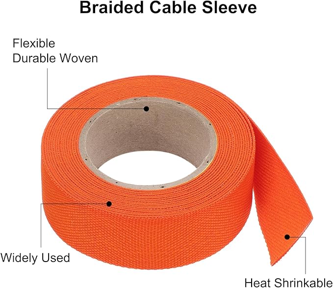 MECCANIXITY Braided Cable Sleeves Heat Shrinkable Fabric Sleeving, 7/8" 16ft Orange 2:1 Ratio Heat Shrinkable Cord Protector for Harness Cable, Network Cable Protection, Cable Management