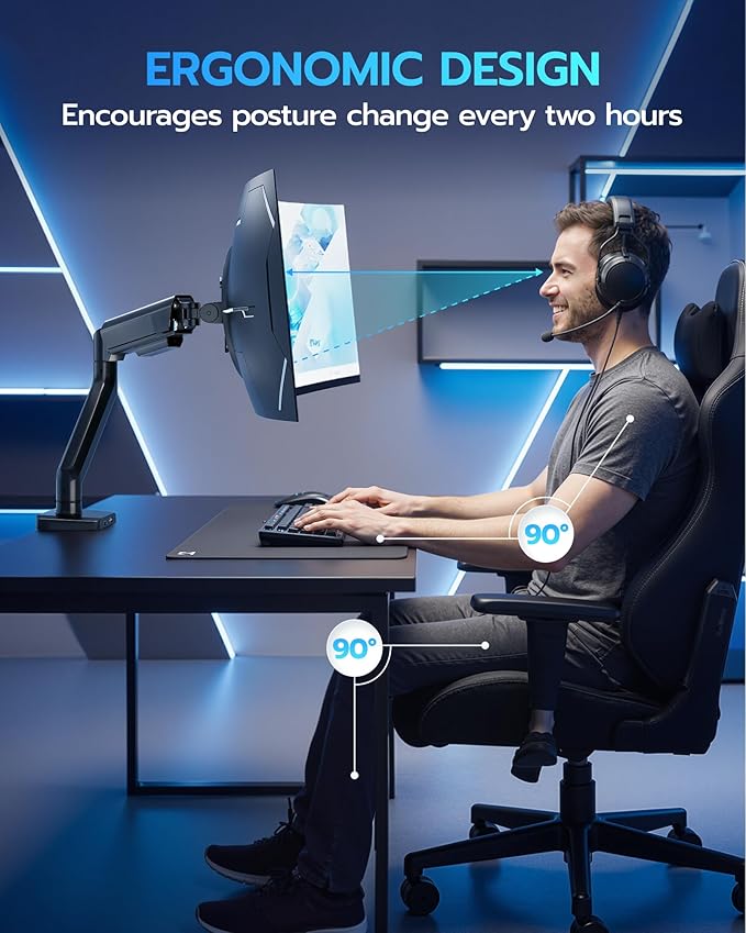 ARES WING Heavy Duty Single Monitor Arm - Fully Adjustable Monitor Mount for 40 34 32 27 Inch Ultrawide Screens Up to 26.4 lbs with Clamp/Grommet Desk Mount and USB A/C, 75/100 Vesa Mount, Black
