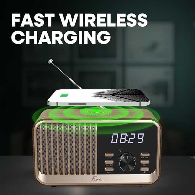 Fuse Hark Bluetooth Radio Speaker | Wireless 10W Charger | FM Radio Speaker with Bluetooth & AUX Input | Alarm Clock | 3 Level Dimmer | Charging Block Included