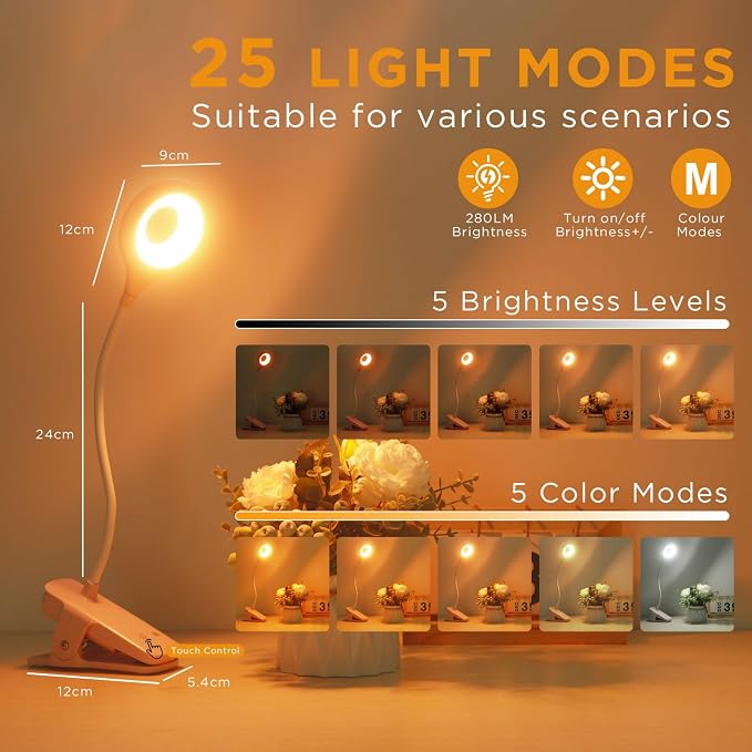 Akynite Clip on Light LED Desk Lamp 5 Brightness+5 Colors Rechargeable Lamp | - Image 2