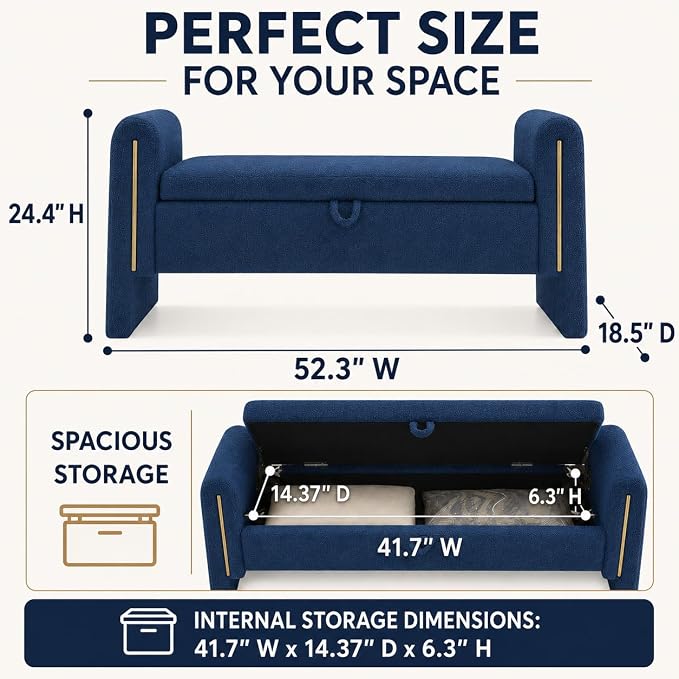 52" Upholstered Storage Bench, Wood Frame | Mid-century storage ottoman bench - Image 2