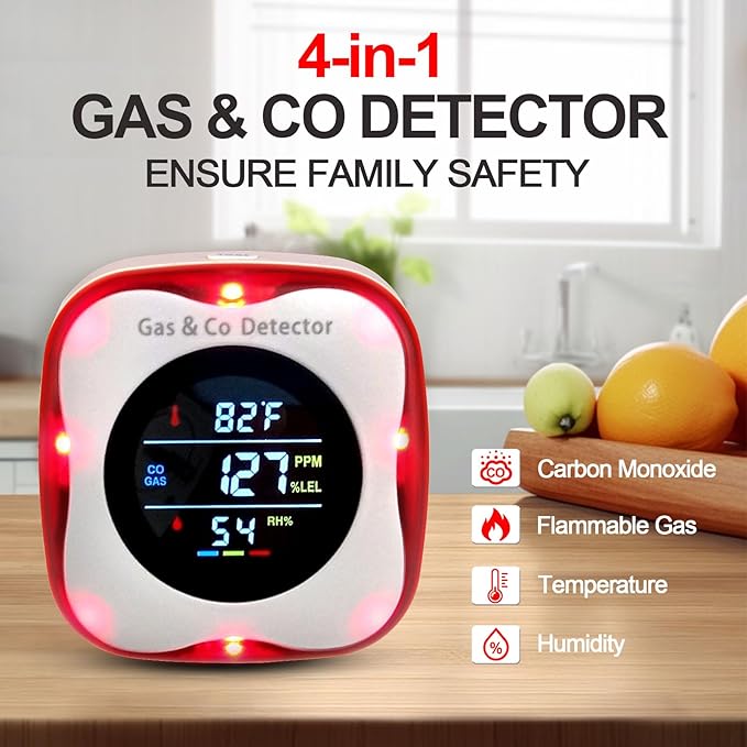 Combustible Gas & CO Detector 4-in-1 – Plug-in Natural/Propane Gas Leak Alarm with Temp & Humidity Sensor, Compact for Home, RV, Kitchen Safety