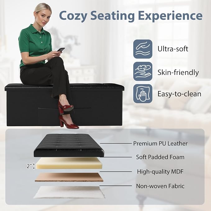 Giantex 43 Inches Folding Storage Ottoman Bench, Upholstered PU Leather Storage - Image 6