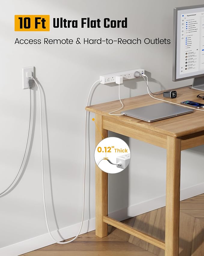 10Ft Extension Cord with Multiple Outlets, SUPERDANNY Flat Plug Surge Protector - Image 2