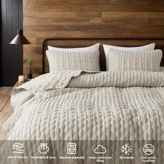 WDCOZY Light Beige Quilt King Size Bedding Set - Image 5