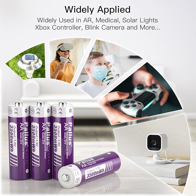 Pallus Lithium AA Rechargeable Batteries - 4 Pack 1.5v 3500mWh High Capacity Rechargeable AA Batteries with Smart LCD Charger, 1600 Cycles Suitable for Blink Camera, Doorbell Camera, Constand Voltage