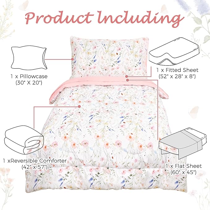Toddler Bedding Set for Girls, 4 Piece Floral Toddler Comforter Set, Ultra Soft Baby Girl Crib Bed Bedding Includes Quilted Comforter, Flat Sheet, Fitted Sheet, Pillowcases, Pink Flower