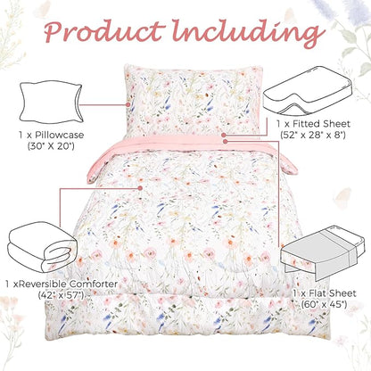 Toddler Bedding Set for Girls, 4 Piece Floral Toddler Comforter Set, Ultra Soft Baby Girl Crib Bed Bedding Includes Quilted Comforter, Flat Sheet, Fitted Sheet, Pillowcases, Pink Flower