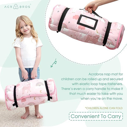 ACRABROS Toddler Nap Mat with Pillow and Blanket, Extra Large Rolled Napping Mats,Slumber Bags for Boys Girls,Kids Sleeping Bag for Daycare, Preschool Travel Camping, Unicorn
