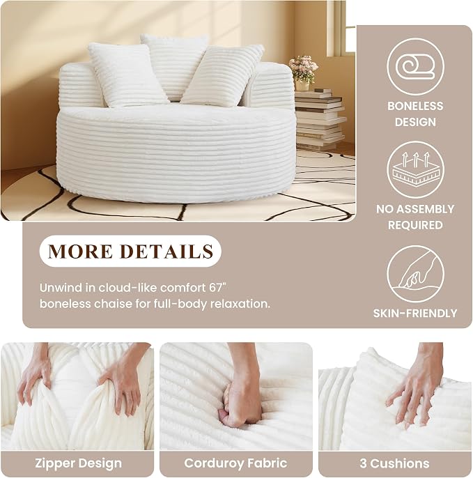 Oversized Round Chair Lounge Chaise Indoor, Upholstered Corduroy Sofa Bed - Image 3