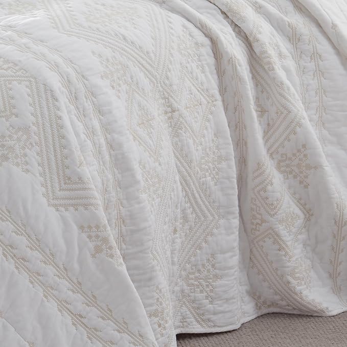 100% Cotton 3-Piece Quilt Set White Full Queen Size Lightweight Bedspread - Image 8