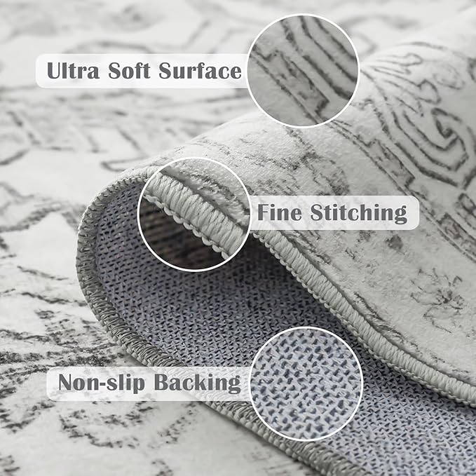 jinchan Lima Runner Rug 2x6 Washable Hallway Runner - Vintage Floral Non Slip Low-Pile Soft Ultra-Thin Kitchen Rug Distressed Carpet for Farmhouse Bedroom Entryway Laundry Room (2x6ft, Grey)