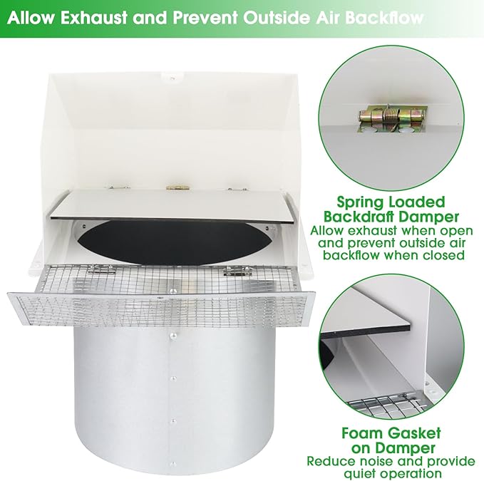 4 Inch Dryer Vent Cover Outside Hooded Wall Vent with Screen and Damper, Exhaust Vent Wall Mount Exterior Wall Vents Cover Cap for Dryer Ventilation&Outdoor Air Exhaust,Galvanized Steel,White
