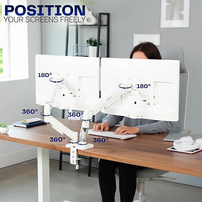 VIVO Dual Monitor up to 32 inches and 19.8 lbs per Screen, Mechanical Arm Desk Mount, Articulating Counterbalance, VESA Stand, Classic, White STAND-V002OW
