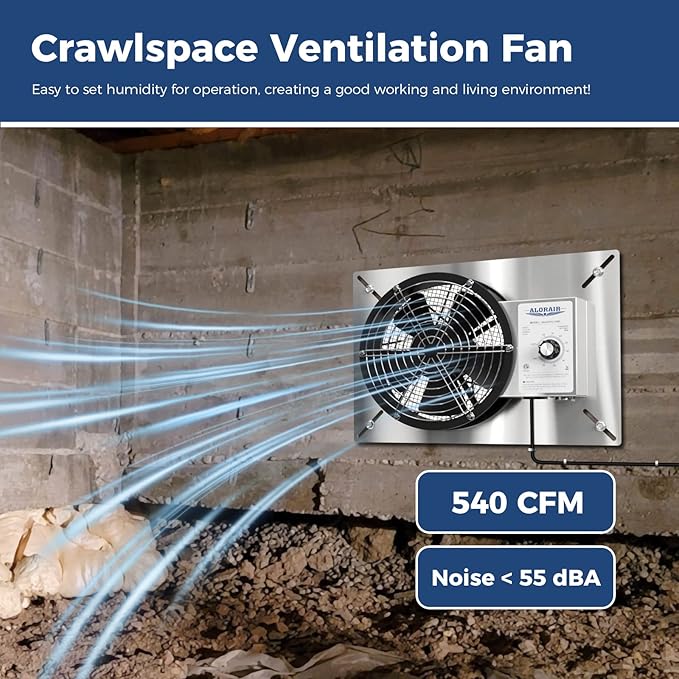ALORAIR 540 CFM Stainless Steel Crawl Space Vent Fan - Air Out Ventilation Fan with Humidistat Dehumidistat, IP55 Rated Exhaust Fan with Isolation Mesh for Crawlspace Foundation Basements Garage Attic