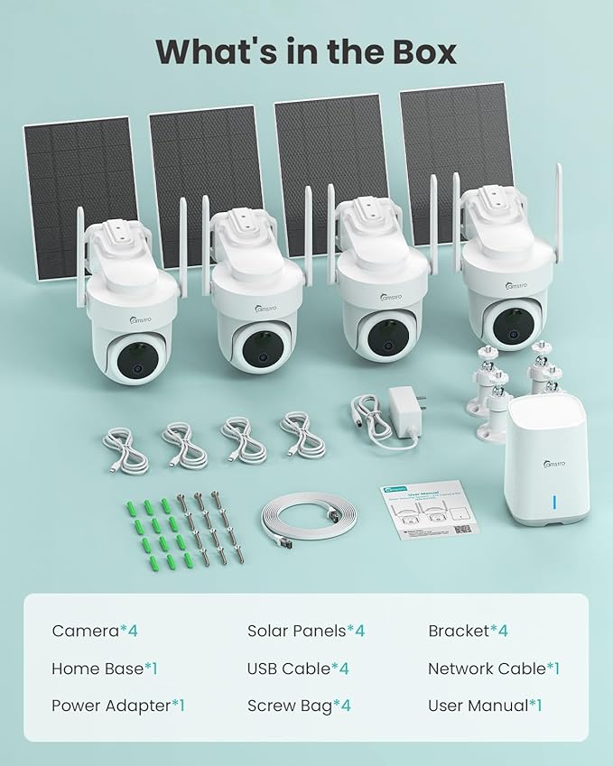 CAMSTRO 4K Security Cameras Wireless Outdoor No Subscription, 360° PTZ Home Security Cameras System, 64G Local Storage Home Hub, Human/Vehicle/Pet Recognition AI, Color Night Vision, 4 Cam-Kit