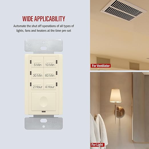 ENERLITES 4-Hour Countdown Timer Switch, 5-10-30-60 Min, 2-4 Hour, for Bathroom Fans, Heaters, Lights, LED Indicator, 120VAC 800W, No Neutral Wire Required, UL Listed, HET06-J-LA, Light Almond