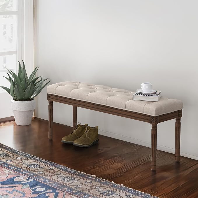 LUE BONA 44" Bedroom Bench, Fabric End of Bed Bench, Upholstered French Tufted - Image 4