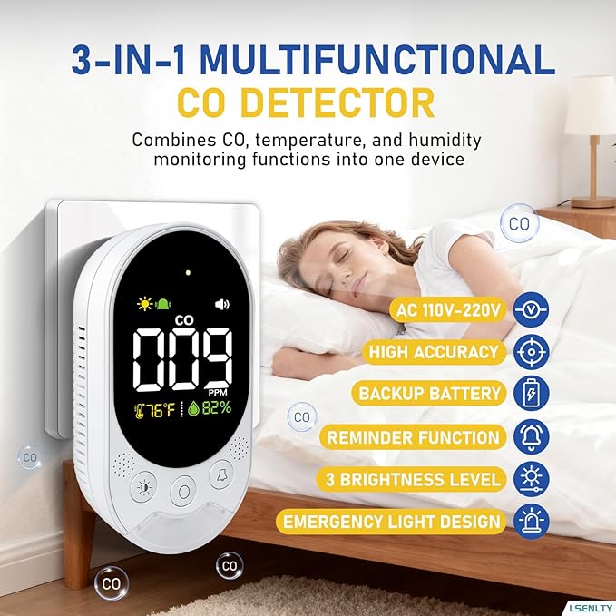 LSENLTY Portable Carbon Monoxide Detector with Battery, 2.7 Inch Large Screen Plug-in CO Detector, Lsenlty 3-in-1 Portable CO Detector (Temp and Hum), with Remind Function for RVs, Hotels, Travel