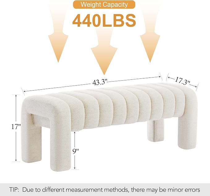 43" End of Bed Bench, Linen Beige | Channel Tufted Upholstered, Entryway Bench - Image 2