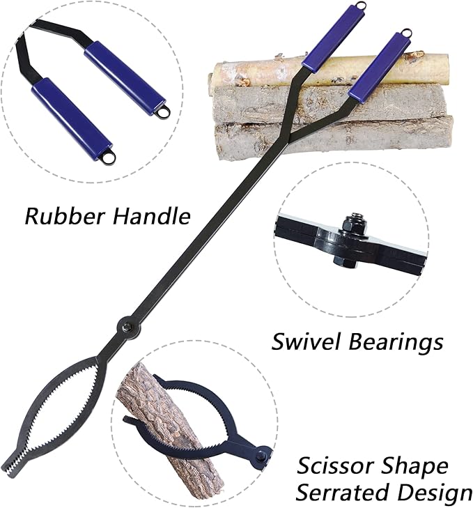 CKLT 40in Heavy Duty Fire Tongs Firewood Grabber Tool with Scissor Shape Serrated, Log Claw Tongs for Bonfire Campfire Fire Pit Outdoor Indoor Log Grabber Rustproof Safely Moves Firewood