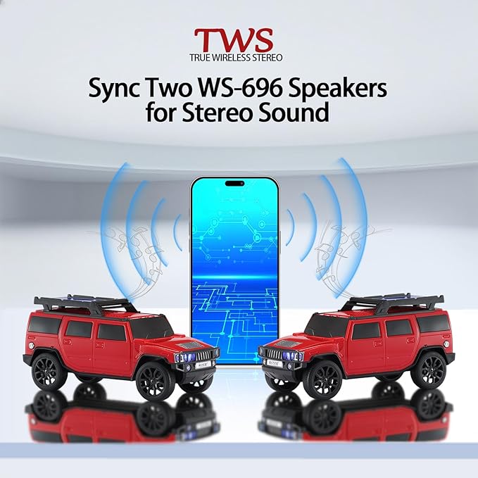 WSTER WS-696 Solar Bluetooth Replica Speaker – Portable Modern Off-Road Car Design with HD Sound, TWS, LED Party Light, USB/TF Playback, FM, Built-in Microphone, Surprise Gift(Red)