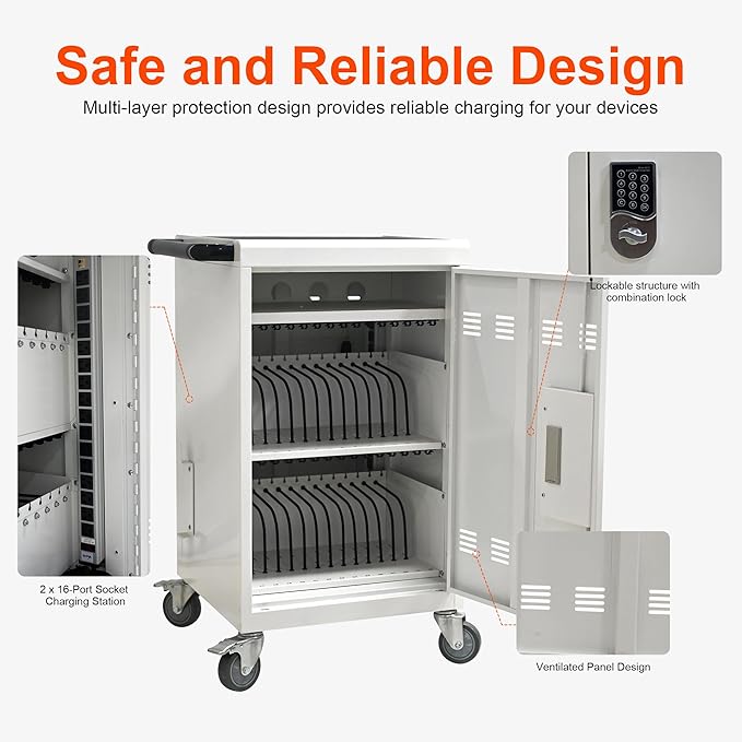 Aokleo Laptop Charging Cart,32 Devices Tablet Storage Carts for pad Up to 16.3" Screen, Classroom Computer Mobile Charging Station for Pads, Chromebooks,Laptops, Updated Password Lock(32 Bay-White)