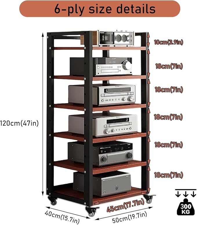Dernoing 6 Tier Audio Rack Tower, CD Record Player Stereo Receiver AV Equipment Cabinet Display Rack, Weight Capacity 661 lbs, with Adjustable Wooden Shelves for Home (6 Tier Teakwood)