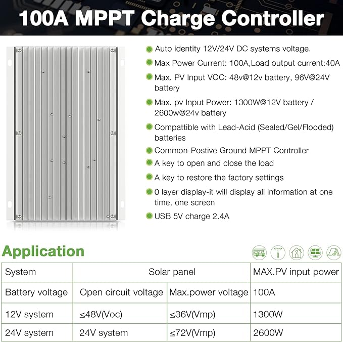 OOYCYOO MPPT Charge Controller 100 amp 12V/24V Auto, 100A Solar Panel Charge Regulator with Blacklight LCD Display Max 100V for Lead-Acid Sealed Gel AGM Flooded Lithium Battery
