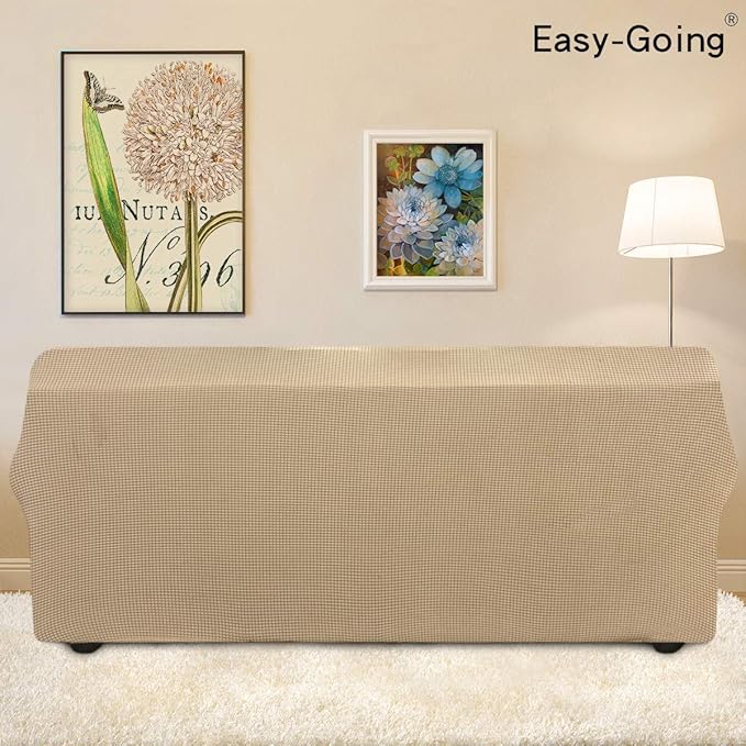 Easy-Going Stretch 4 Seater Sofa Slipcover 1-Piece Sofa Cover Furniture Protector Couch Soft with Elastic Bottom for Kids, Polyester Spandex Jacquard Fabric Small Checks Sand