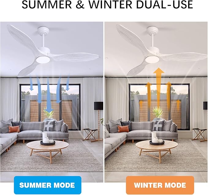 revoici 52 Inch White Ceiling Fan with Lights and Remote, Retro White Wood Low Profile Flush Mount Modern Ceiling Fan for Indoor Farmhouse Bedroom Living Room Outdoor Patio Porch, Reversible DC Motor