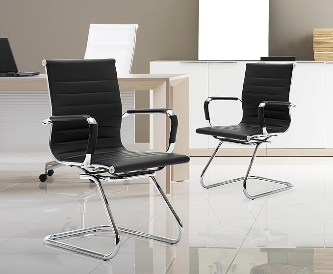 Wahson Office Guest Chairs Set of 8, Leather Reception Chairs, Mid Back Waiting Room Chair, Conference Chairs with Sled Base, Desk Chair No Wheels for Meeting/Lobby/Restroom, Black