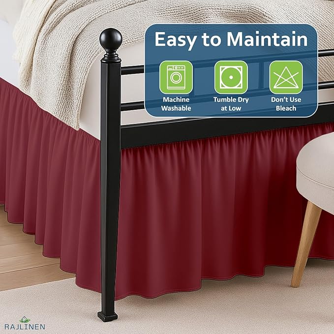 Rajlinen Ruffled Bed Skirt Twin XL, 14 Inch Drop Dust Ruffle with Split Corners, 100% Microfiber Bedskirt with Platform, Three-Sided Coverage Ruffled Gathering Design, Burgundy