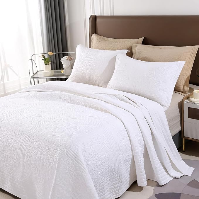 ROOMLIFE Quilt Set Queen Size 3D Floral Embroidery Pattern 3-Piece Cotton by ROOMLIFE