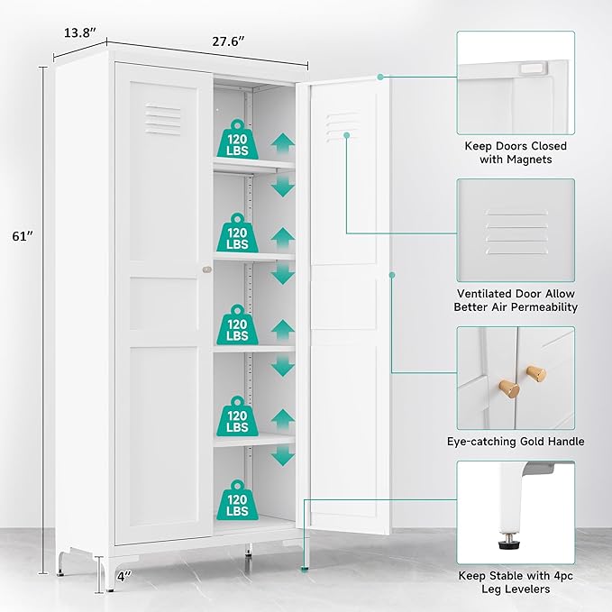 SISESOL Metal Storage Cabinet with Doors and Shelves,White Storage Cabinet with Leg & Vent Hole,Food Pantry Cabinets,5 Tier Metal Pantry,Tall Large Cupboard for Home,Kitchen,Dining/Living/Laundry Room