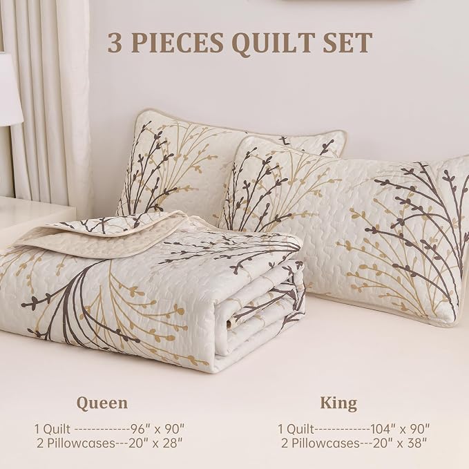 DJY Queen Size Quilt Set Beige Branch Botanical Bedspread Coverlet Set | 3 - Image 8