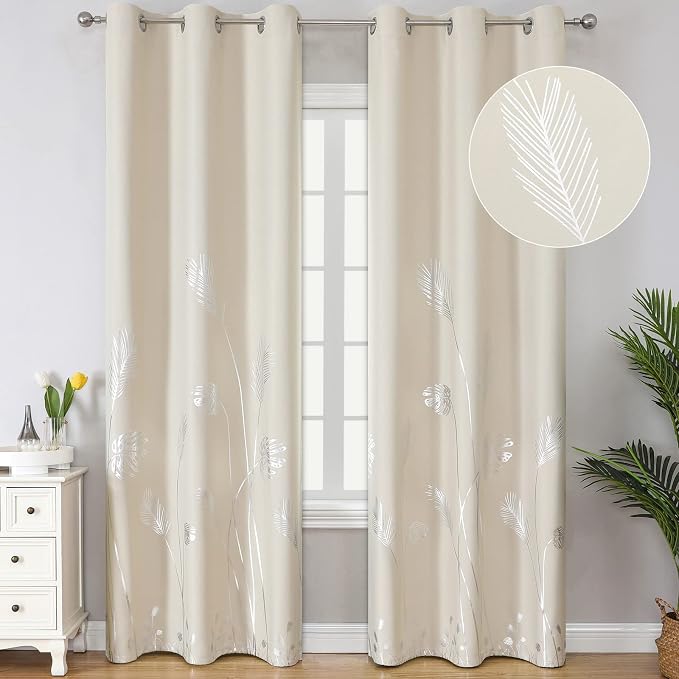 Blackout Curtains with Silver Palm Tree Thermal Insulated Elegant Natural Tree by ESTELARTEXTILER