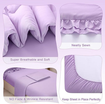 Wowelife 4 Pieces Toddler Bedding Set for Girls, Double Ruffles Comforter Sets Lavender Purple, Cozy and Comfortable Bedding Set Includes Comforter, Fitted Sheet, Flat Top Sheet and Pillowcase