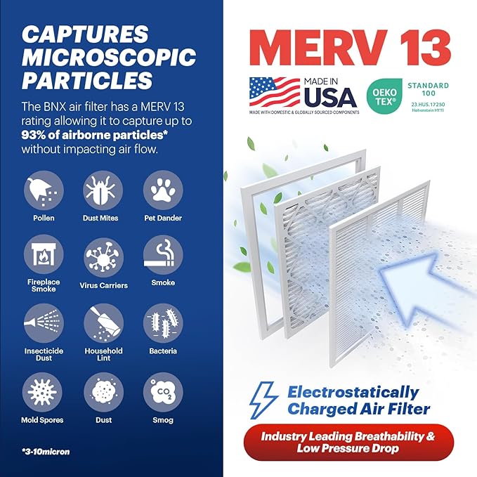 BNX TruFilter 14x30x1 Air Filter MERV 13 (6-Pack) - MADE IN USA - Electrostatic Pleated Air Conditioner HVAC AC Furnace Filters for Allergies, Pollen, Mold, Bacteria, Smoke, Allergen, MPR 1900 FPR 10