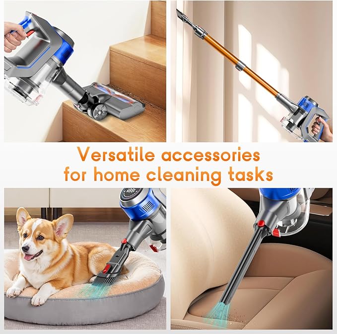 BSNAW Cordless Stick Vacuum Cleaner - Rechargeable, 35Kpa Powerful Vacuums with Detachable Battery, LED Display, 45Mins Runtime, 8 in 1 Handheld Vacuum for Hardfloor & Carpets Pet Hair, Blue