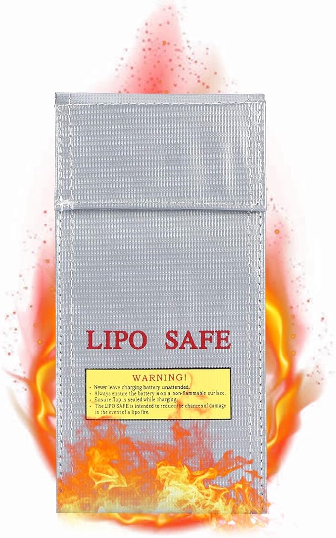 Fdit Lithium-Ion Battery Safe Bag, Fireproof Explosion-Proof Storage Bag 10x20cm with Hook and Loop Fastener for Battery Protection and Transport