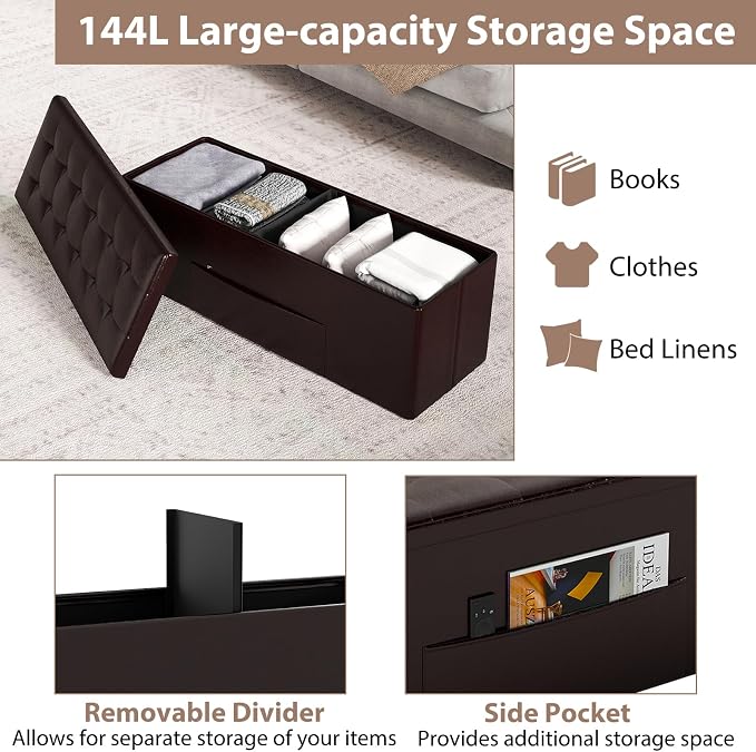 Giantex 43 Inches Folding Storage Ottoman Bench, Upholstered PU Leather Storage - Image 5