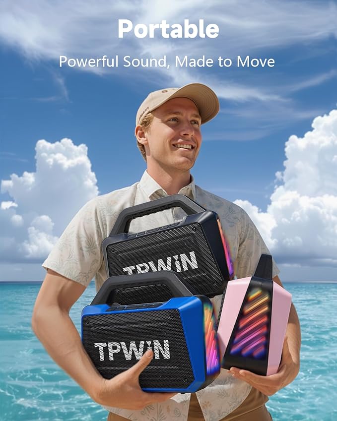 TPWIN Bluetooth Speaker - 80W Loud Rugged Outdoor Speakers, IPX6 Waterproof, 20H Playtime, Deep Bass, Lightshow, TWS, BT 5.3 Wireless, Portable for Travel Hiking Camping Beach Pool - Black