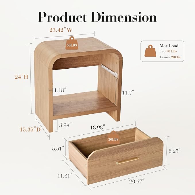 Night Stand, 1-Drawer and 1 Storage Shelf | Nightstand 24" H Metal Handle - Image 2