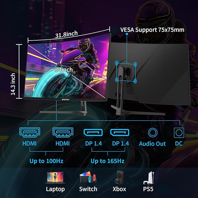 SANSUI 34-Inch Curved Gaming Monitor UWQHD 3440 x 1440 Up to 165Hz Curved 1500R - PIP/PBP, 1ms(MPRT), HDR, 300nits, sRGB 125%, DCI-P3 95%,FreeSync,HDMIx2,DP1.4 x2 (DP Cable Included)