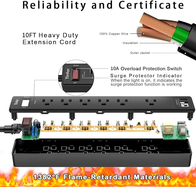 10 Ft Power Strip Surge Protector - Yintar Extension Cord with 6 AC Outlets and 3 USB Ports for Home, Office, Dorm Essentials, 1680 Joules, ETL Listed, Black