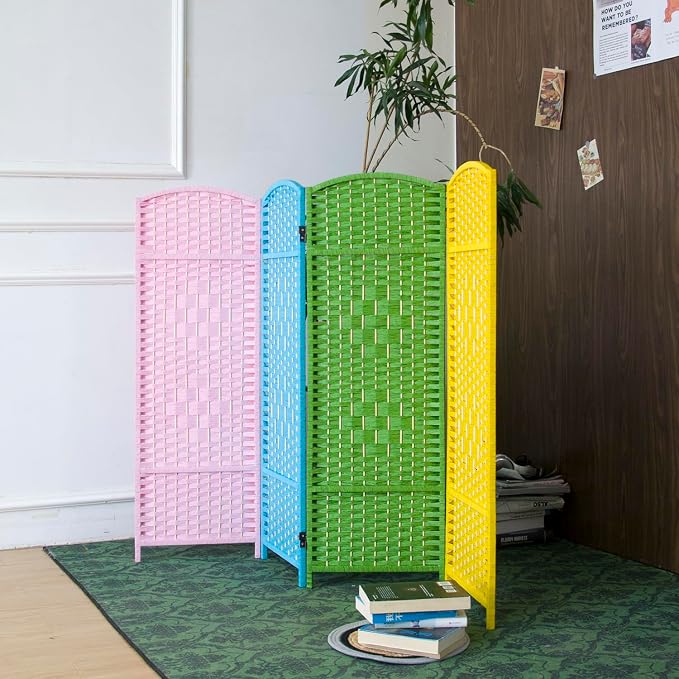 4-Panel Short Room Divider, 3.9 ft Freestanding Partition Wall, Colorful Rattan - Image 2